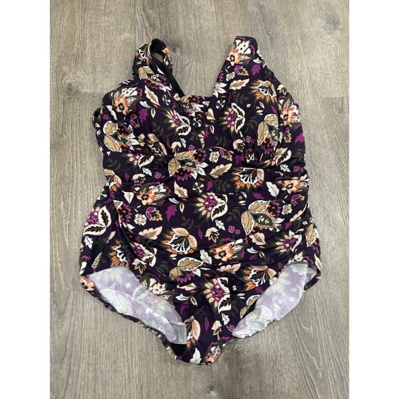 Lands End Swim Suit Plus 22 W Purple Floral Ruched Padded Bra Spandex NWOT - Picture 1 of 2
